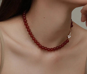 Colar e Pulseira  Pedra natural Ágata Vermelha - banho em Ouro 14k